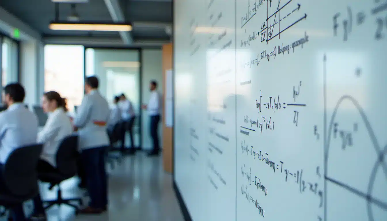 Tableau de formules dans un laboratoire R&D représentant l'intensité de recherche derrière la dénomination Premier Tech en Israël