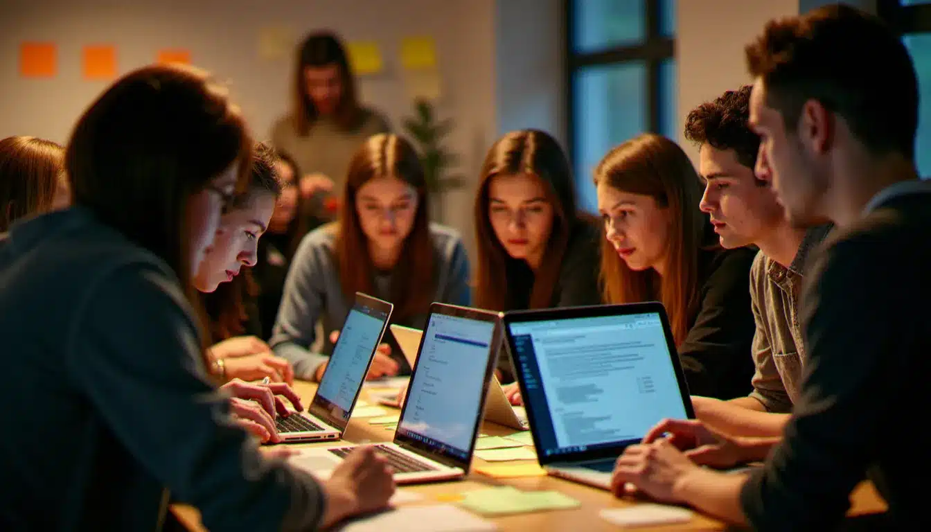 Équipe pluridisciplinaire lors d'un hackathon intensif, illustrant la méthode d'innovation rapide inspirée du modèle Israel Premier Tech