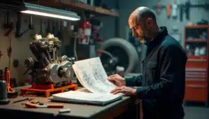 Technicien consultant un guide technique KTM posé sur un établi d'atelier à côté d'un moteur de moto démonté