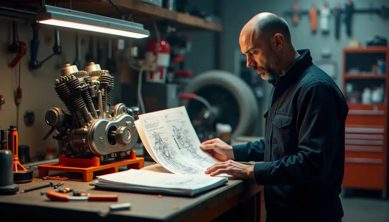 Technicien consultant un guide technique KTM posé sur un établi d'atelier à côté d'un moteur de moto démonté