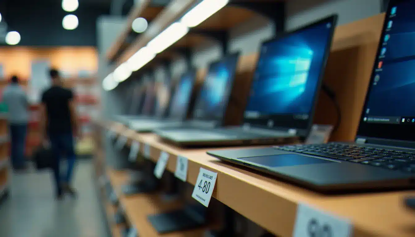 Étiquettes de prix en dirhams marocains sur des ordinateurs portables en vitrine, illustration des fourchettes tarifaires Masstech au Maroc