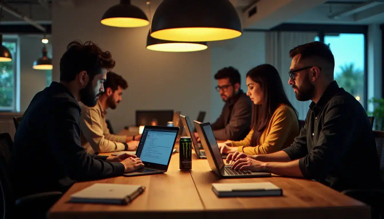 Équipe tech lors d'un hackathon travaillant sur des ordinateurs achetés avec un bon rapport qualité-prix au Maroc