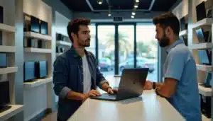 Boutique d'équipement informatique au Maroc avec des produits tech exposés, illustrant l'achat de matériel Masstech prix Maroc
