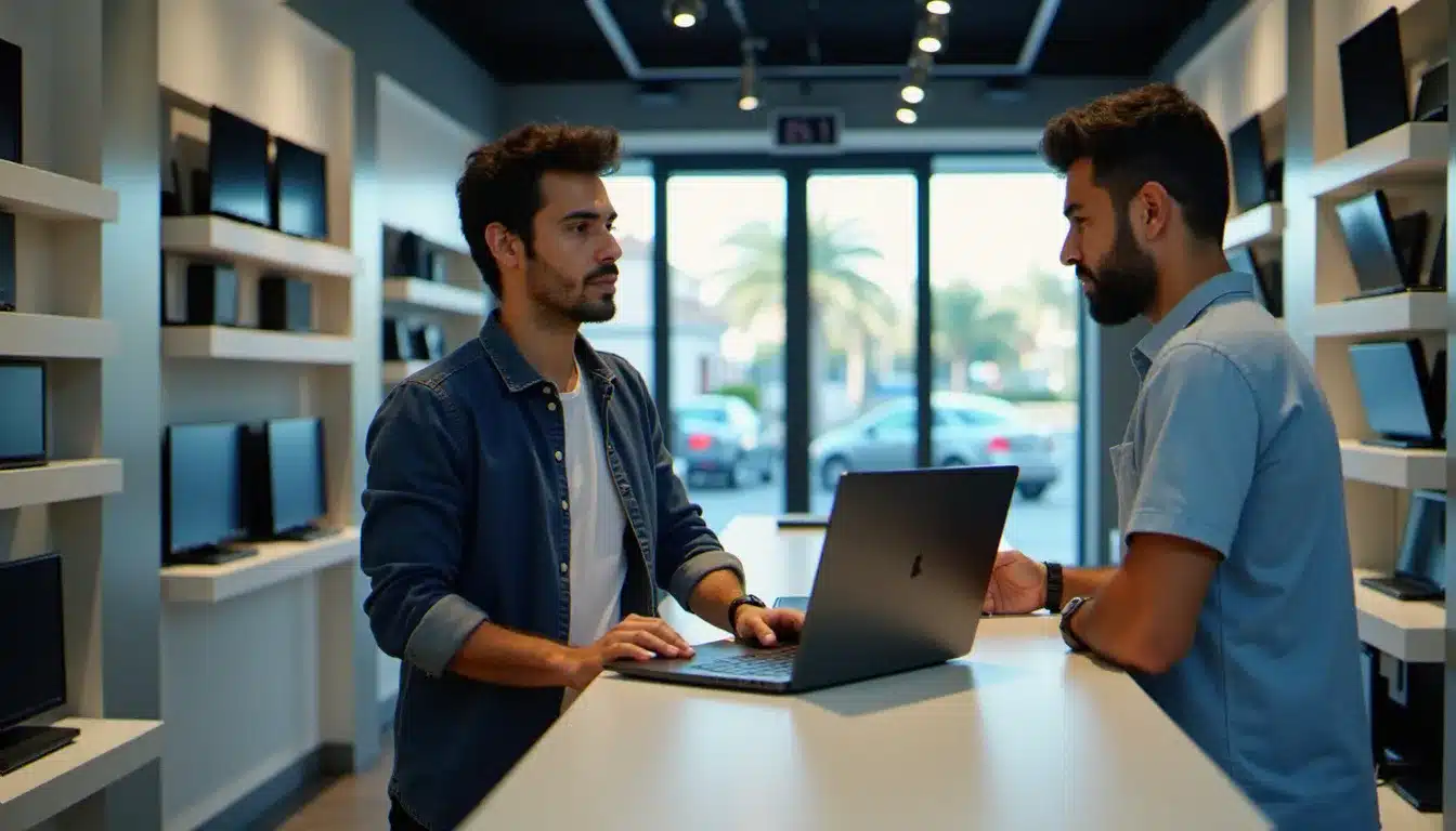 Boutique d'équipement informatique au Maroc avec des produits tech exposés, illustrant l'achat de matériel Masstech prix Maroc