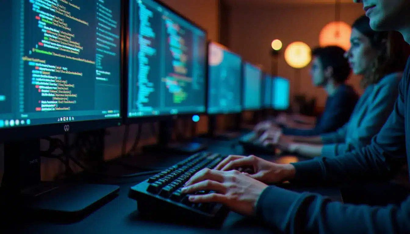 Développeur codant en Python sur plusieurs écrans lors d'un hackathon, avec visualisations de données et terminal visible