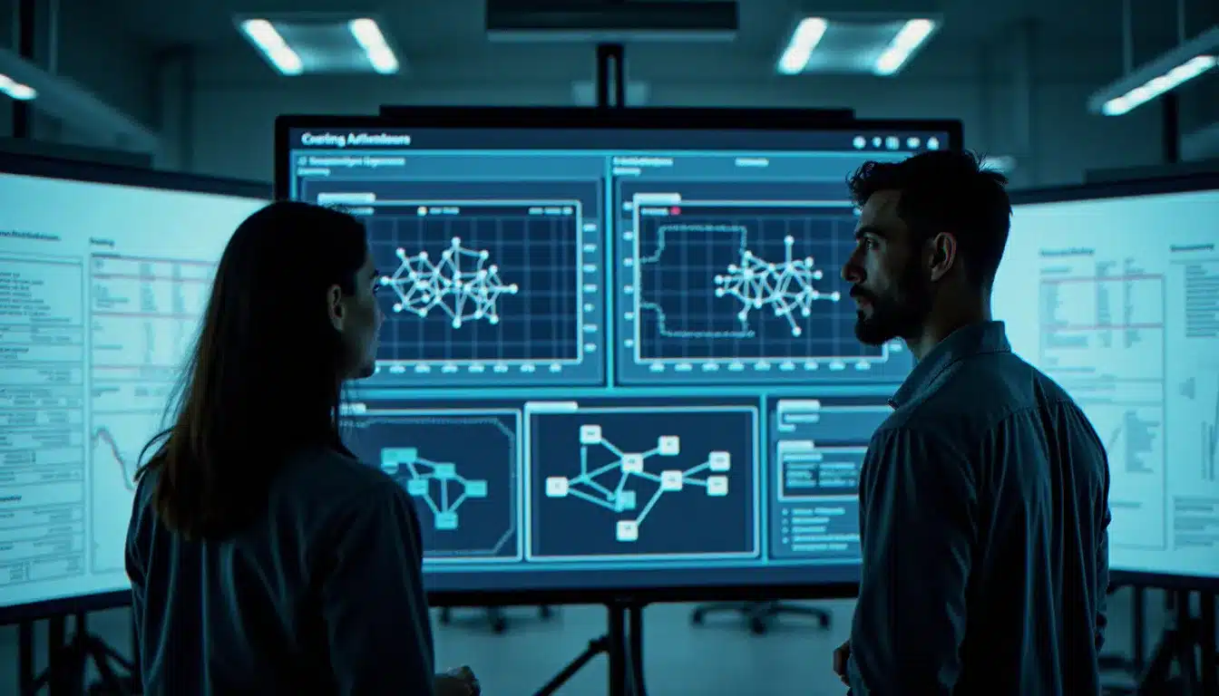 Deux data scientists analysant les résultats d'un modèle d'intelligence artificielle sur grand écran lors d'un événement tech à Paris