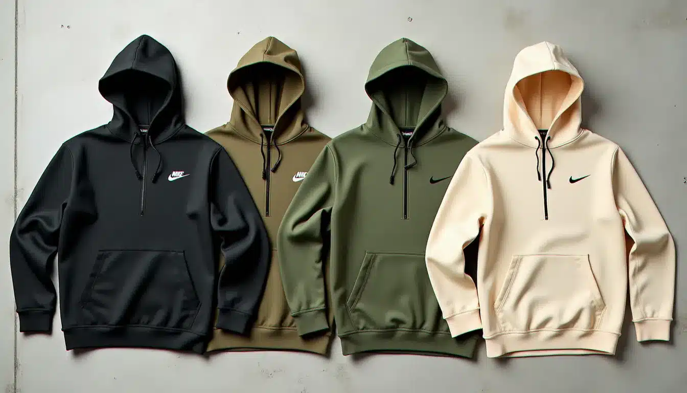 Plusieurs modèles de sweat Nike Tech avec poche centrale en différentes couleurs disposés côte à côte sur une surface en béton clair