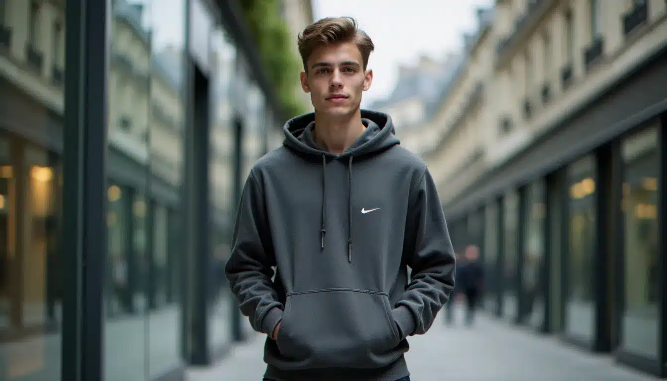 Homme portant un hoodie Nike Tech Fleece gris avec les mains dans la poche au milieu, dans un environnement urbain parisien moderne