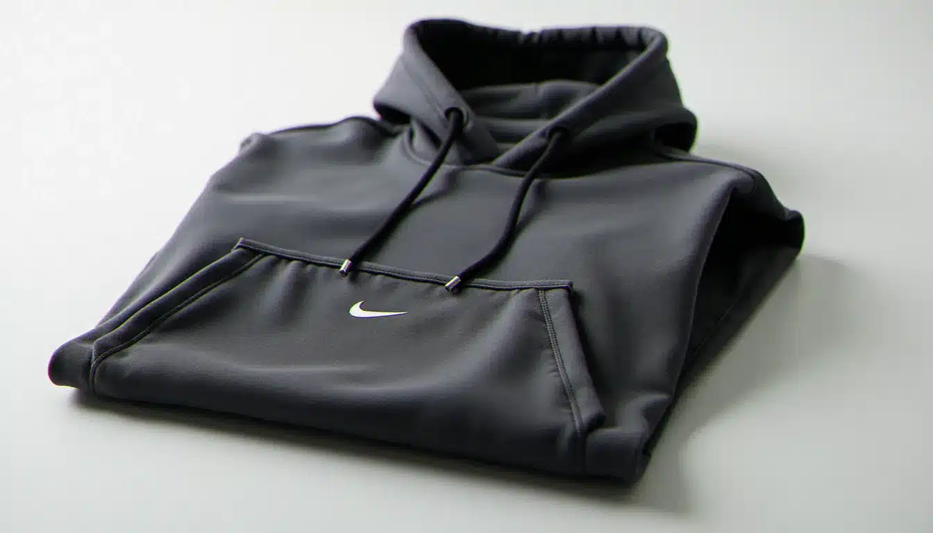 Sweat Nike Tech Fleece gris anthracite avec poche au milieu bien visible, posé à plat sur un fond blanc