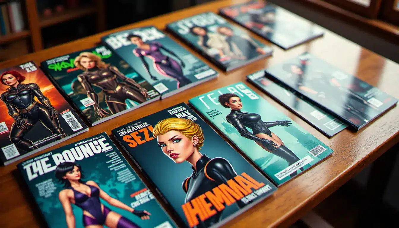Collection de comics avec des héroïnes technologiques en armure, illustrant les adaptations féminines de personnages comme Tech Jacket dans l'industrie des comics