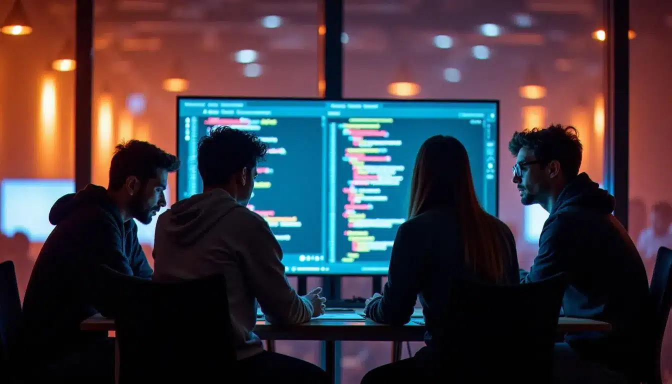 Équipe mixte de jeunes ingénieur·es lors d'un hackathon tech collaborant sur un projet d'IA, illustrant la diversité de genre dans les événements technologiques