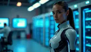 Une jeune femme en combinaison technologique futuriste représentant pourquoi Tech Jacket est une fille, debout dans un laboratoire high-tech avec des écrans holographiques