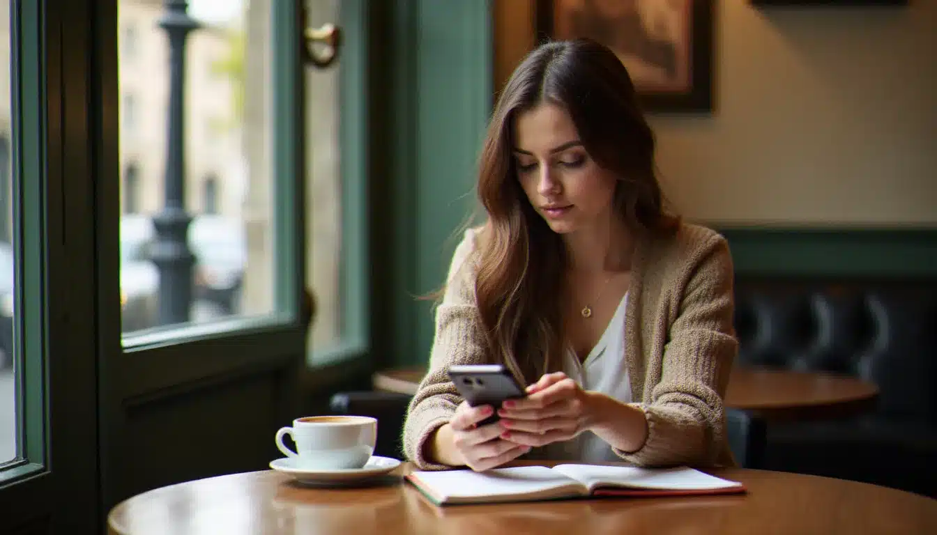 Jeune femme posant volontairement son téléphone face contre table dans un café parisien, geste symbolisant la résistance individuelle au numérique