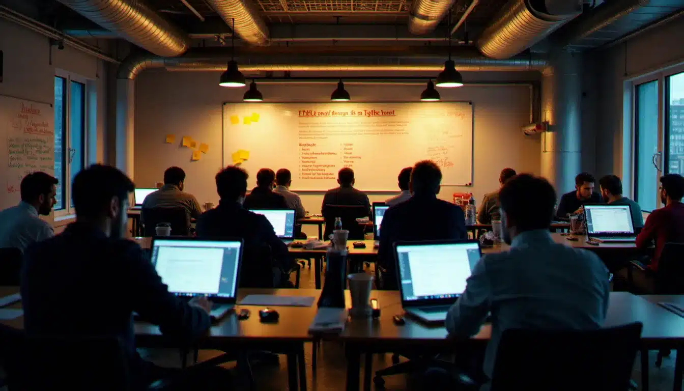Salle de hackaton en soirée avec des équipes de développeurs travaillant sur des solutions tech responsables, tableau blanc avec principes de design éthique visible en arrière-plan