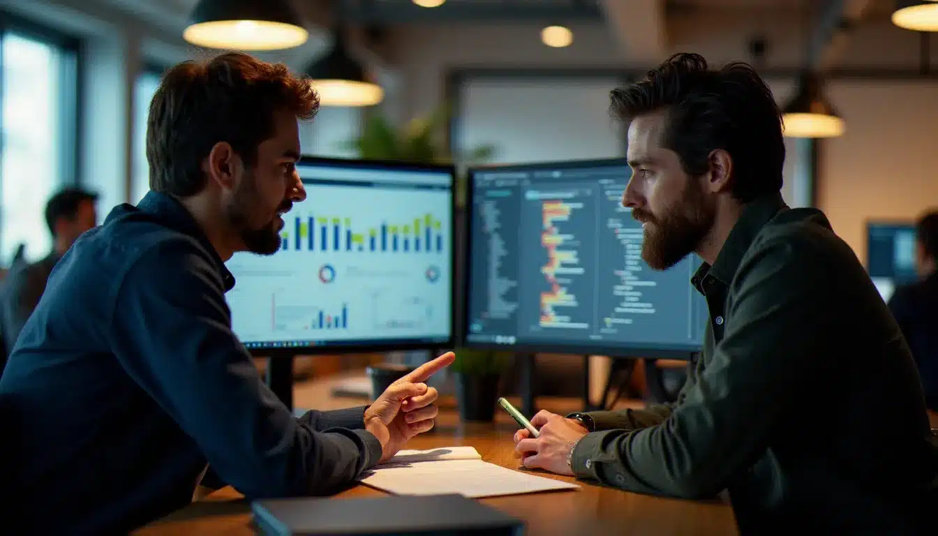 Deux développeurs analysant ensemble un tableau comparatif d'outils tech sur écran, incarnant la démarche de confrontation de tech avis avant de choisir une solution pour leur équipe