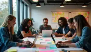 Équipe pluridisciplinaire en pleine session de travail lors d'un hackathon tech, illustrant la comparaison d'outils et la recherche de tech avis en conditions réelles