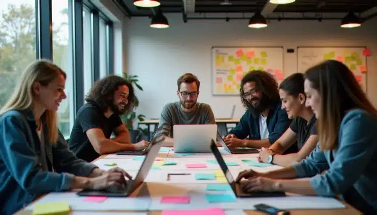 Équipe pluridisciplinaire en pleine session de travail lors d'un hackathon tech, illustrant la comparaison d'outils et la recherche de tech avis en conditions réelles