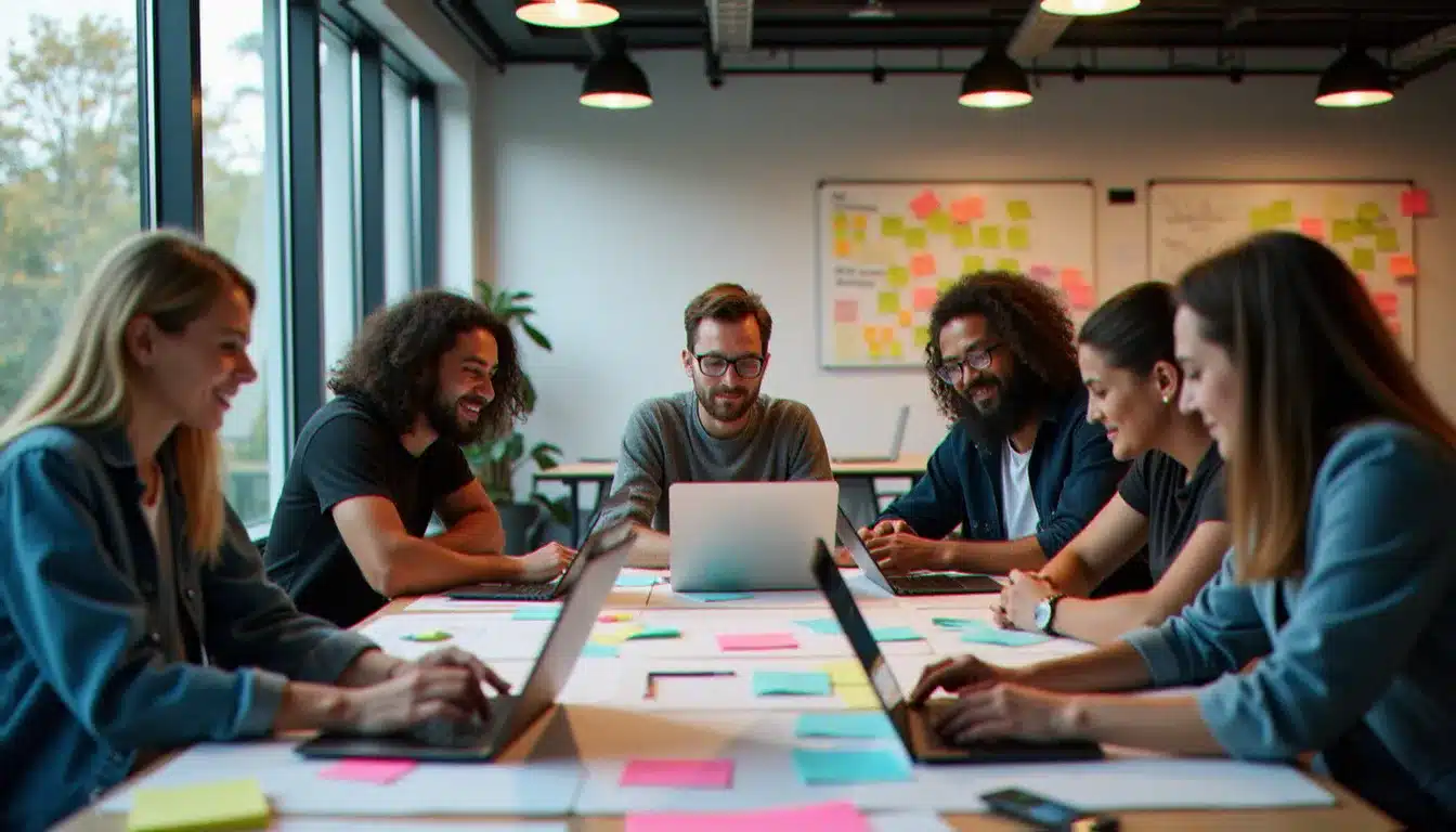 Équipe pluridisciplinaire en pleine session de travail lors d'un hackathon tech, illustrant la comparaison d'outils et la recherche de tech avis en conditions réelles