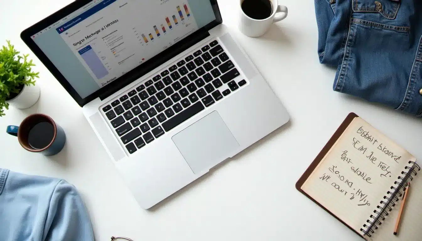 Vue plongeante sur un bureau avec ordinateur affichant un tableau de bord de plateforme marketplace et vêtements d'occasion, symbolisant l'analyse des fonctionnalités tech d'une application comme Vinted