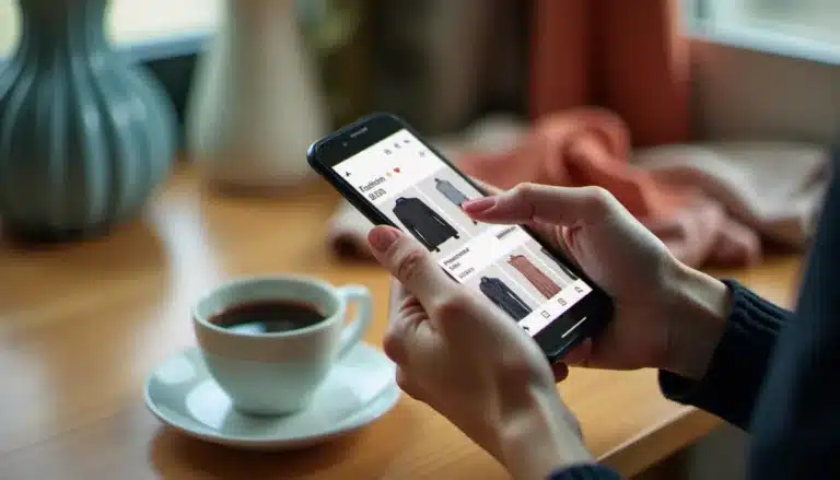Utilisatrice consultant l'application Vinted sur smartphone pour comparer des articles de mode d'occasion, illustration de l'usage tech avis Vinted au quotidien