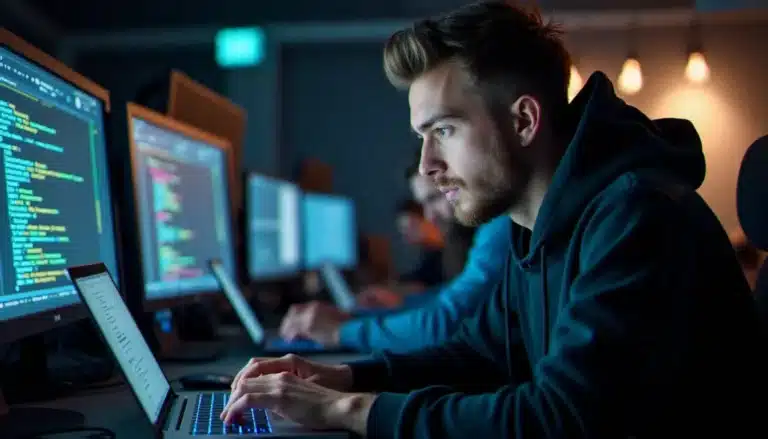 Un développeur tech concentré sur son code lors d'un hackathon, illustrant la posture tech danger mouse en action