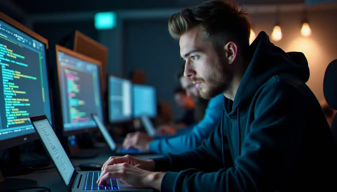 Un développeur tech concentré sur son code lors d'un hackathon, illustrant la posture tech danger mouse en action