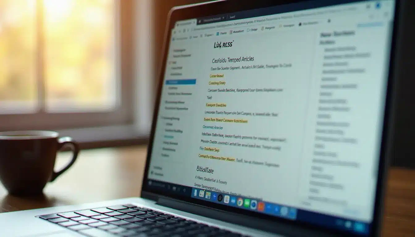 Écran d'ordinateur affichant un lecteur de flux RSS technique avec des articles catégorisés par domaine technologique