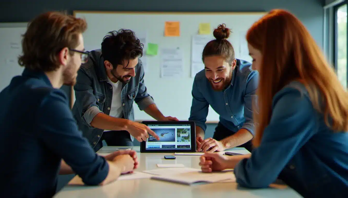 Équipe technique partageant les résultats de leur veille technologique lors d'un stand-up informel dans un espace de coworking