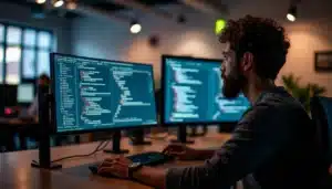Ingénieur consultant un tableau de bord de tech feed buzzard sur deux écrans dans un bureau moderne