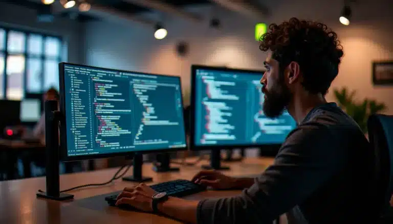 Ingénieur consultant un tableau de bord de tech feed buzzard sur deux écrans dans un bureau moderne