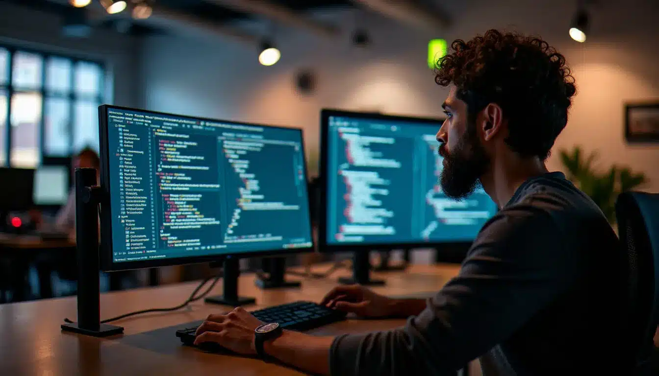 Ingénieur consultant un tableau de bord de tech feed buzzard sur deux écrans dans un bureau moderne