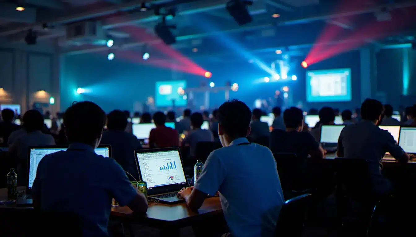Équipes participant à un hackathon nocturne à Andheri Mumbai, concentrées sur leurs prototypes dans une atmosphère de sprint créatif