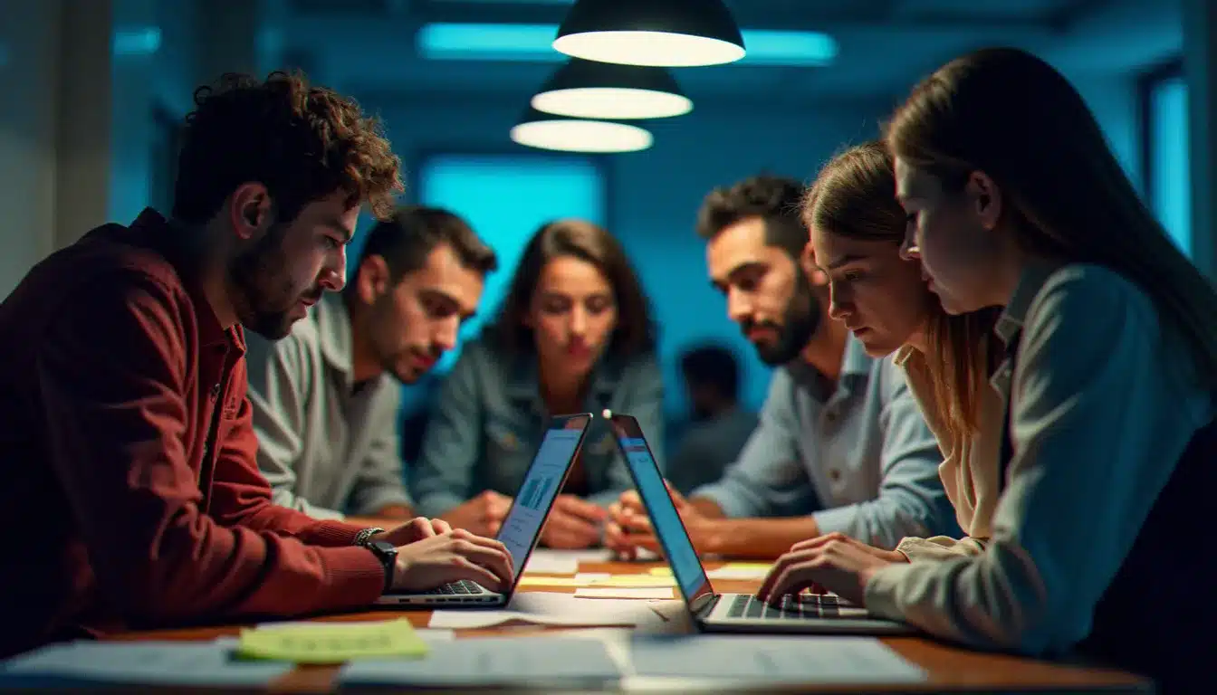 Équipe de jeunes participants nord-africains en plein travail lors d'un hackathon, illustrant le lien entre formation tech autodidacte et compétitions d'innovation