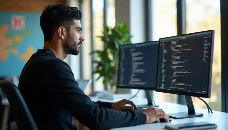 Jeune développeur algérien travaillant sur un guide tech en ligne dans un espace de coworking moderne, illustrant l'usage de Tech Guide DZ
