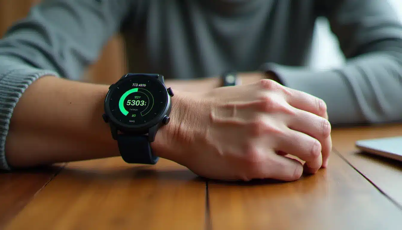 Gros plan d'un bracelet médical connecté mesurant les tremblements d'un patient Parkinson, wearable de suivi clinique au quotidien
