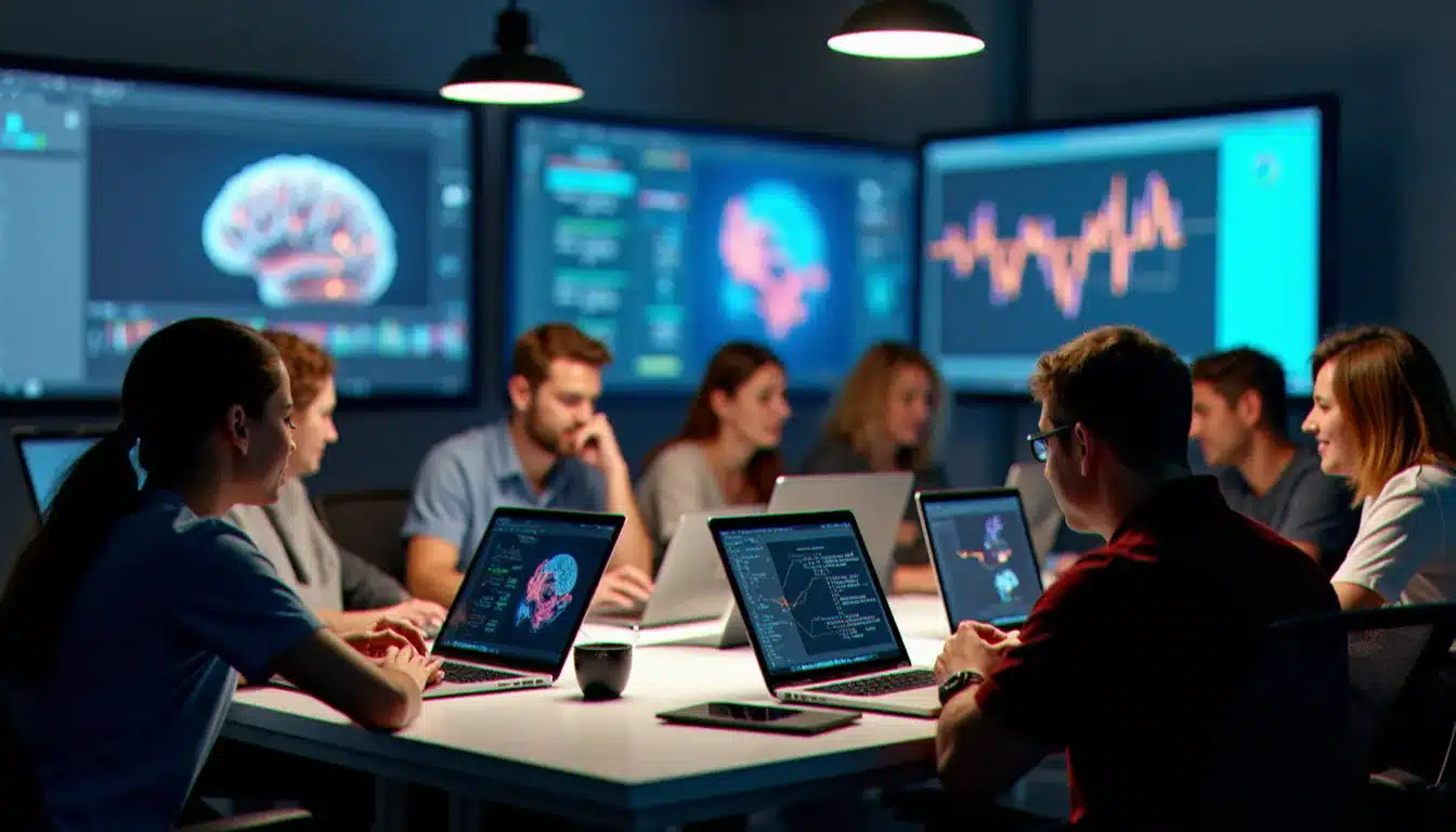 Équipe pluridisciplinaire réunissant développeurs et soignants lors d'un hackathon santé dédié à l'innovation Parkinson, autour de visualisations de données neurologiques