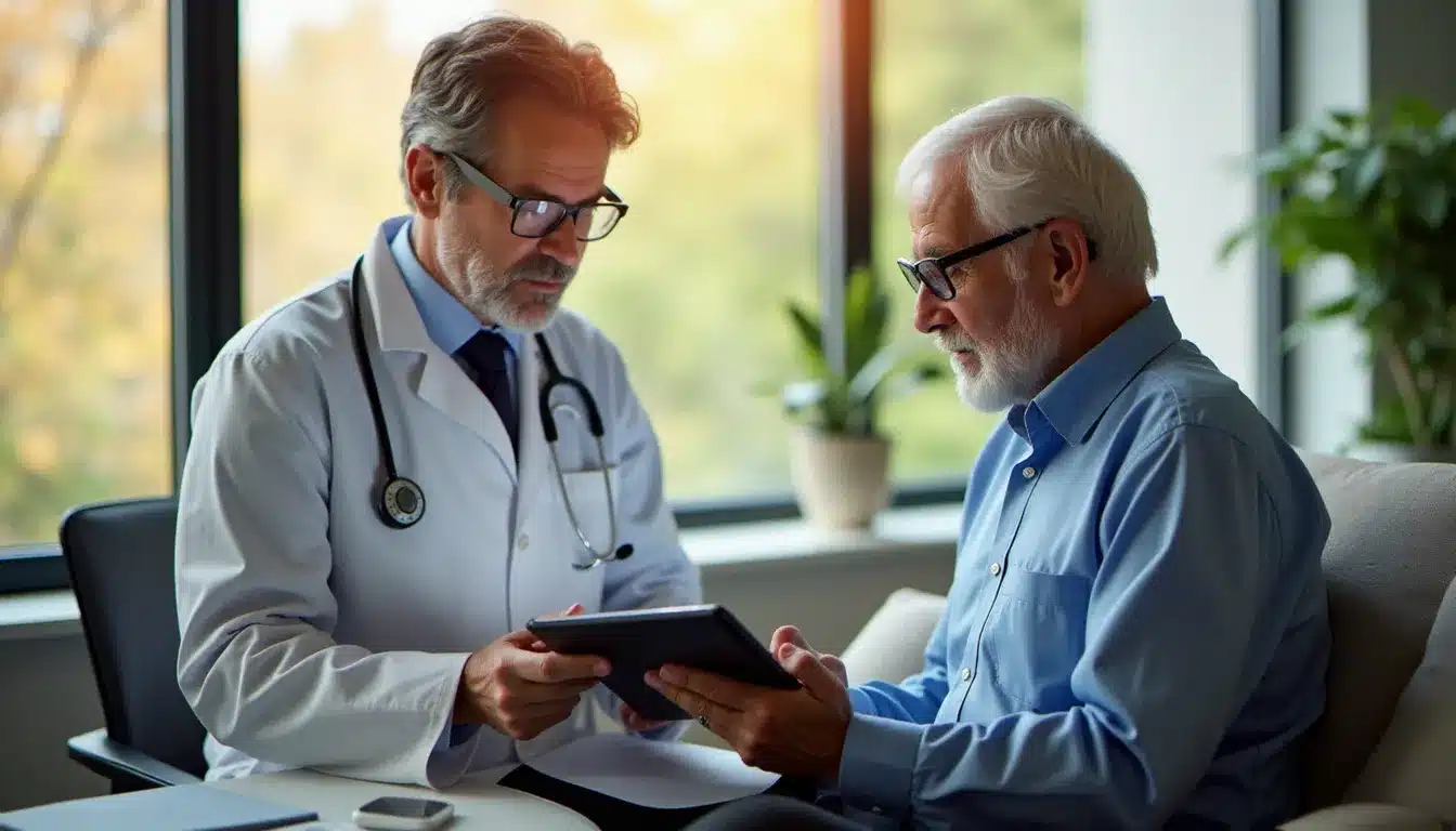 Un neurologue et un patient Parkinson analysant des données de capteurs portables sur tablette, illustration du tech guide Parkinson's en contexte médical réel