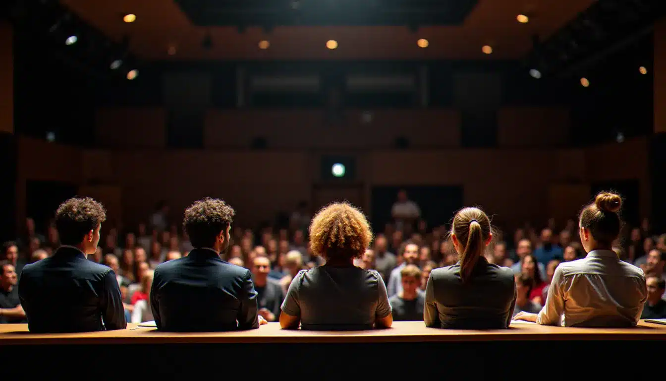 Jury d'experts évaluant des projets lors de la finale d'un hackathon de référence dans un auditorium moderne