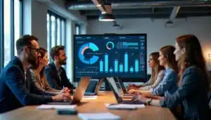 Équipe pluridisciplinaire analysant des tech guide rankings sur grand écran dans un espace de travail moderne parisien