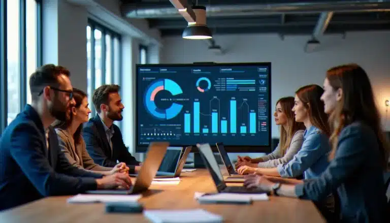 Équipe pluridisciplinaire analysant des tech guide rankings sur grand écran dans un espace de travail moderne parisien