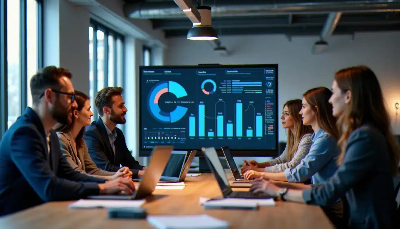 Équipe pluridisciplinaire analysant des tech guide rankings sur grand écran dans un espace de travail moderne parisien