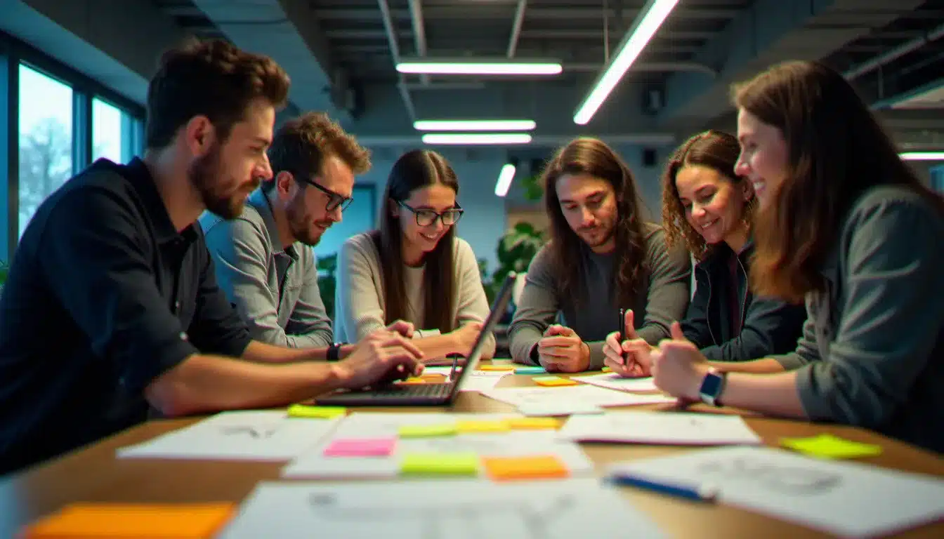 Équipe multidisciplinaire au travail lors d'un hackathon tech, montrant la collaboration entre profils techniques et non-techniques autour d'un prototype