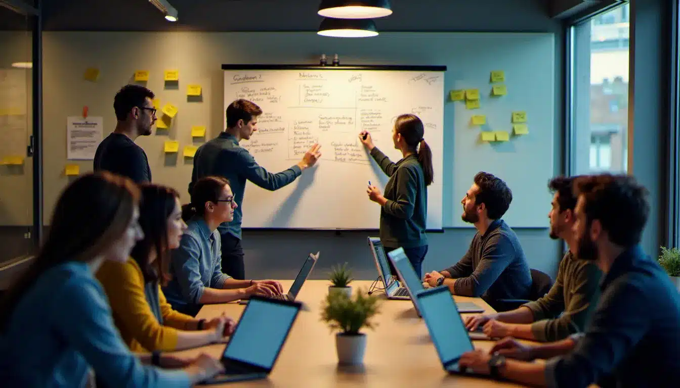 Équipe pluridisciplinaire travaillant ensemble lors d'un hackathon techbio, mêlant schémas biologiques et code sur un tableau blanc