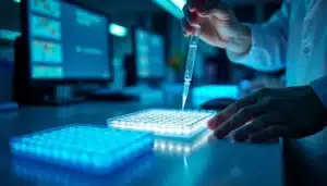 Scientifique manipulant des échantillons biologiques dans un laboratoire de techbio en France en 2025, avec des écrans d'analyse génomique en arrière-plan