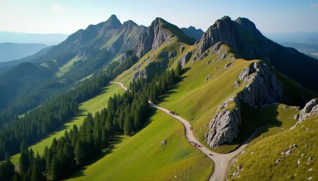 Vue aérienne du terrain volcanique accidenté du Velay en Haute-Loire, avec les sentiers balisés caractéristiques du Techni Trail Tiranges