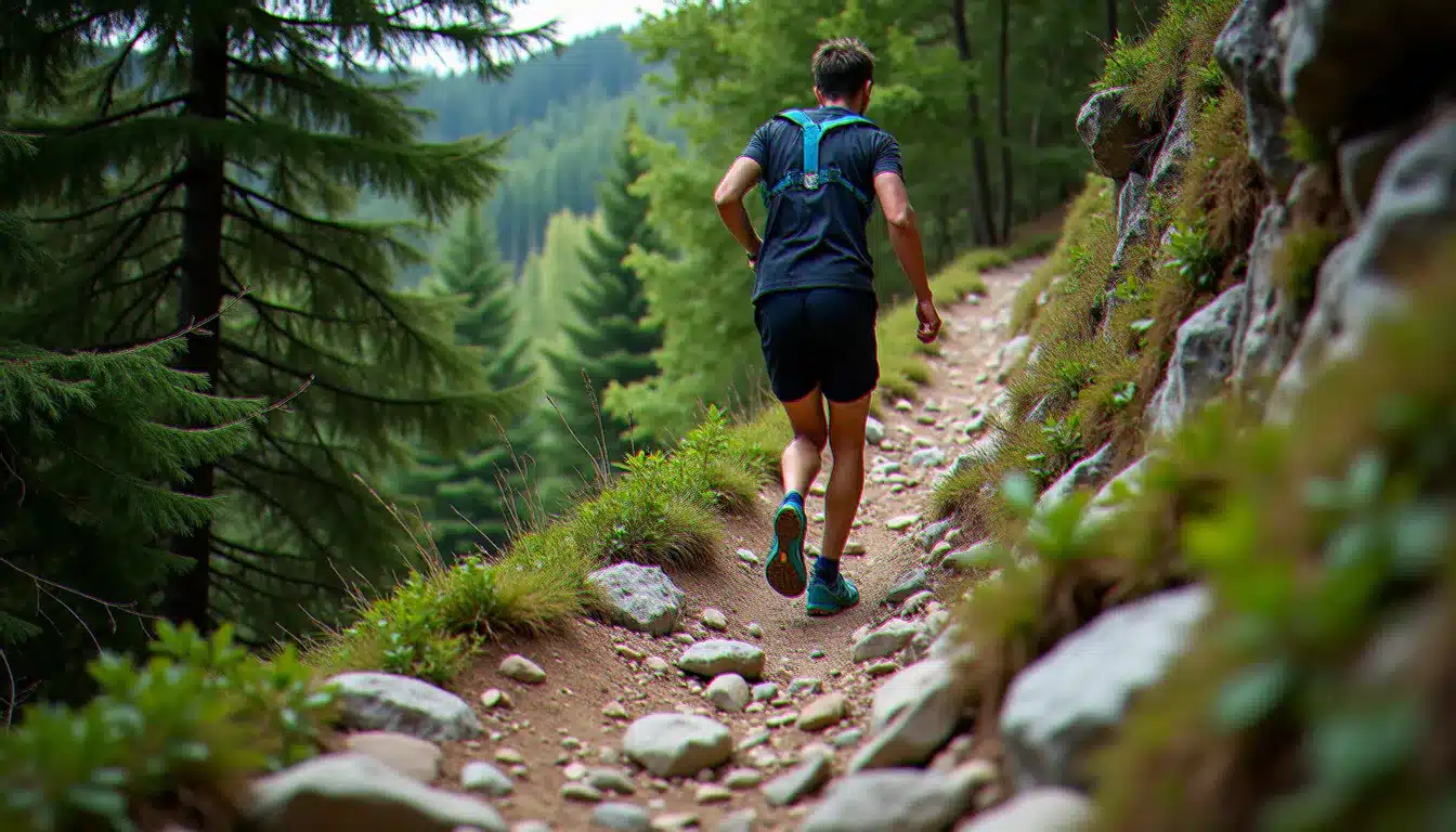 Coureur en descente technique sur sentier pierreux en forêt de Haute-Loire, illustrant la préparation physique nécessaire pour le Techni Trail Tiranges