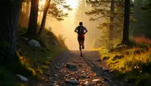 Coureur de trail sur un sentier technique en Haute-Loire lors du Techni Trail Tiranges, traversant une forêt mixte sur terrain volcanique