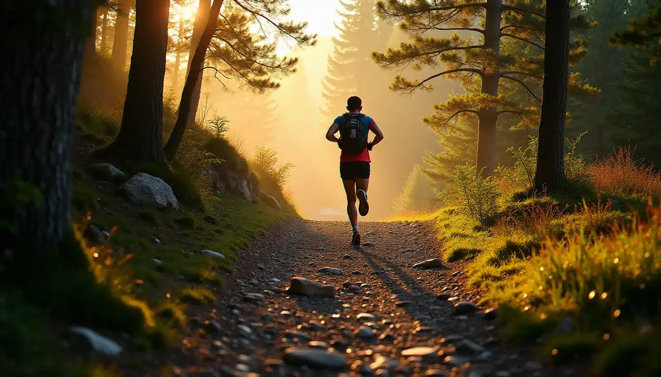 Coureur de trail sur un sentier technique en Haute-Loire lors du Techni Trail Tiranges, traversant une forêt mixte sur terrain volcanique