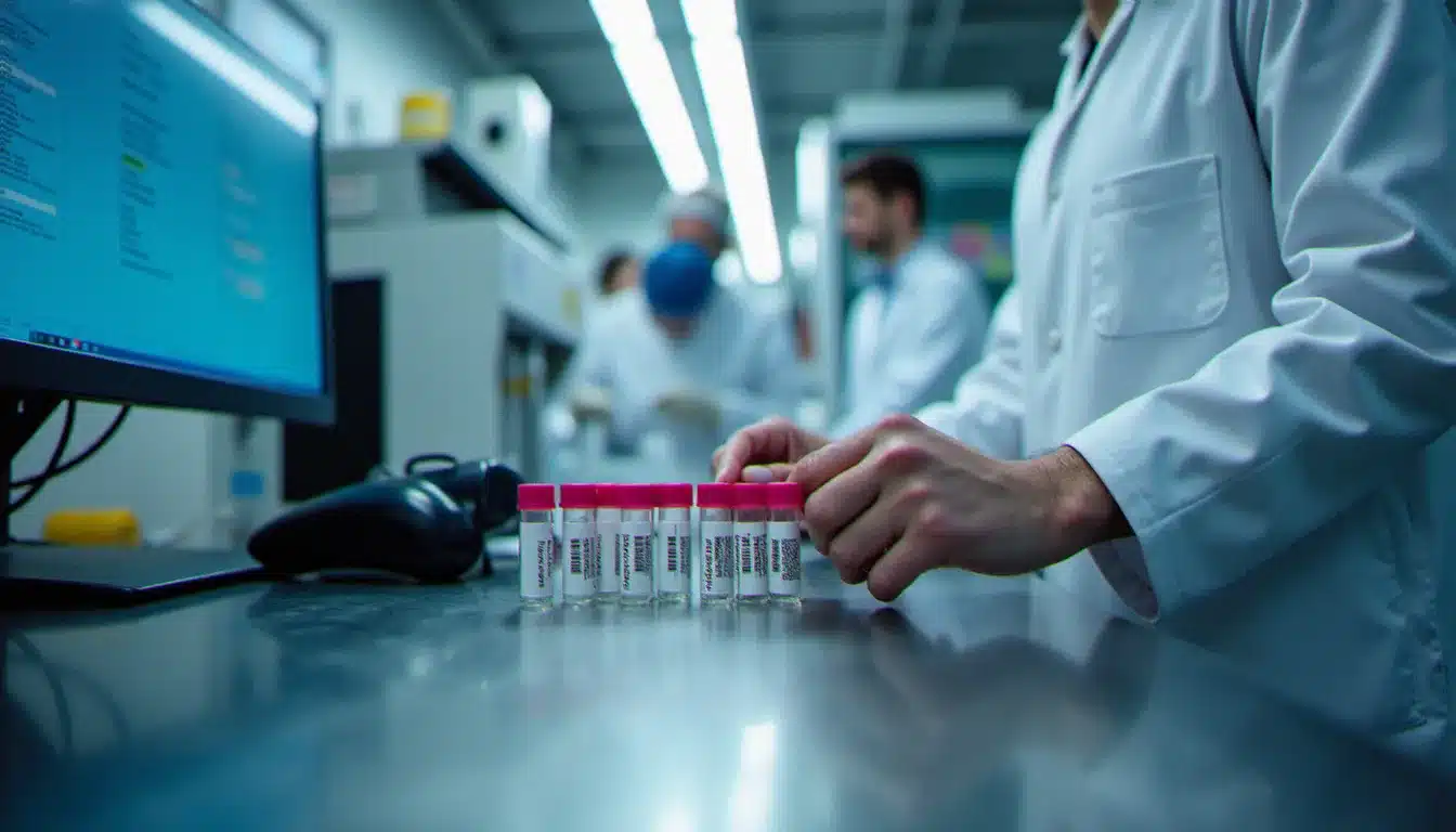 Gros plan sur les mains d'un technicien de laboratoire en train d'étiqueter des tubes de prélèvements biologiques avec un scanner de codes-barres