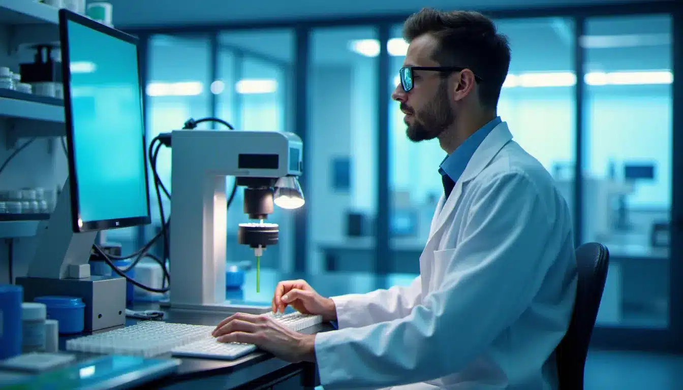 Un technicien de laboratoire surveillant un robot de pipetage automatisé dans un laboratoire pharmaceutique de recherche industrielle